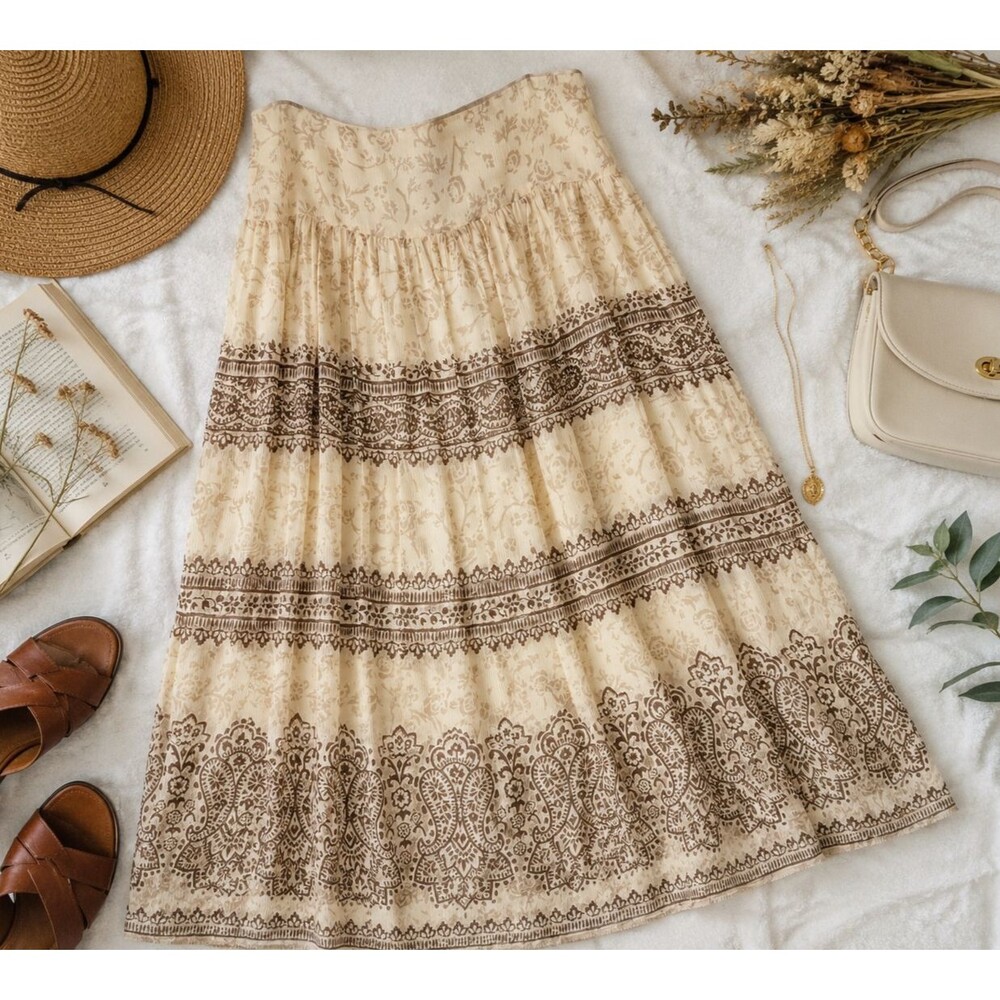 Jones New York Signature Silk Skirt Women Medium Cream Brown Boho Floral Midi